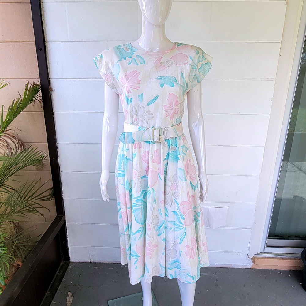 Mindy Malone Floral Midi Dress Pastel White Size 12 VTG 80s Romantic Cottagecore